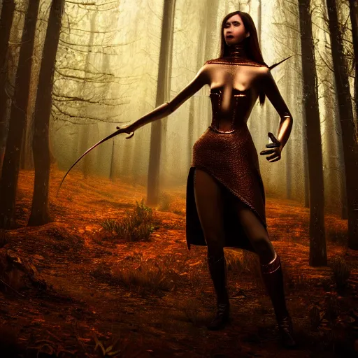 Image similar to highly detailed, ultra realistic, cinematic, woman full body with a copper nose and copper claws, high detail, 8 k, sharp focus, movie still, dramatic lighting, ray tracing, smooth, a female evil demonic character of kazakh mythology, jeztyrnak, standing in the night forrest