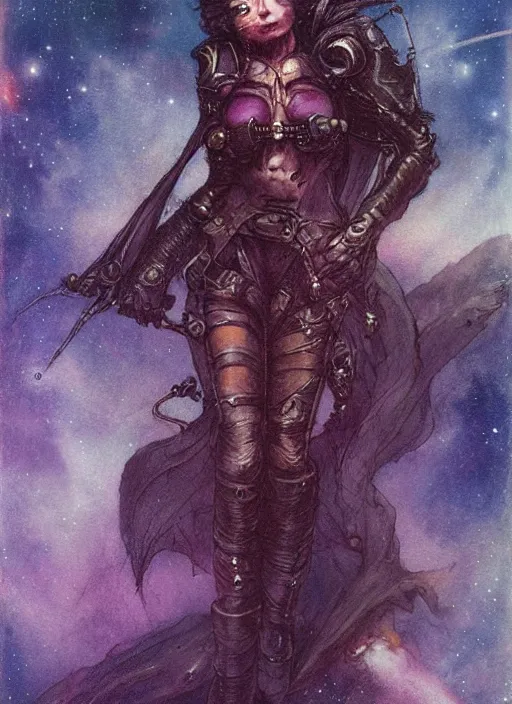 Image similar to portrait of female space pirate, night sky background, beautiful! coherent! by brom, by brian froud, deep color, strong line, high contrast