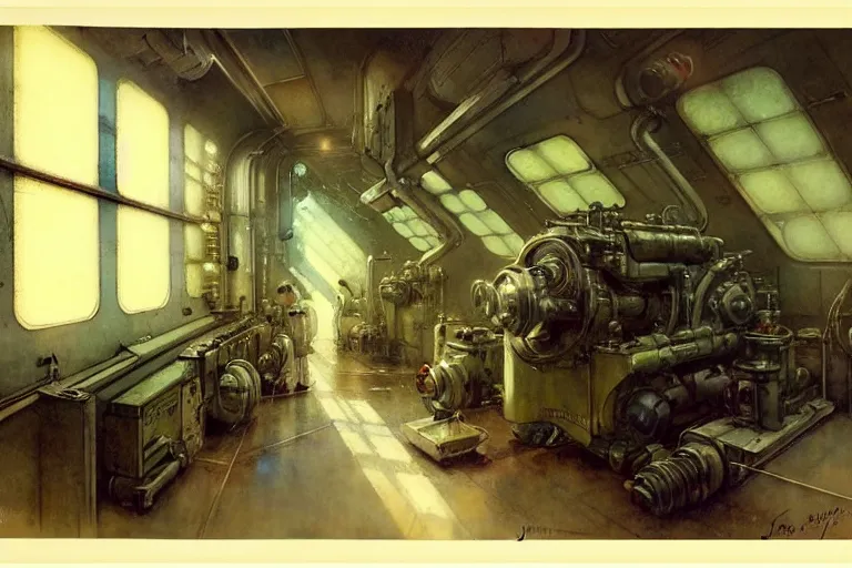 Image similar to ( ( ( ( ( 1 9 5 0 s retro science fiction engine room interior scene. muted colors. ) ) ) ) ) by jean - baptiste monge!!!!!!!!!!!!!!!!!!!!!!!!!!!!!!