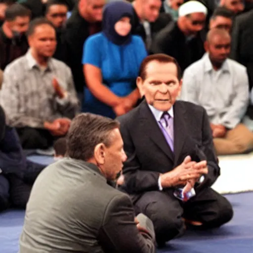 Image similar to kenneth copeland as muslim kneeling and praying