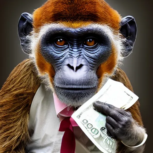 Image similar to photograph of a monkey dressed as a loan shark collecting money