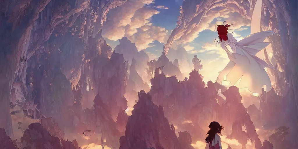 Image similar to the girl and the magic dragon. anime visual, early in the morning. by hayao miyazaki and rossdraws and artgerm and greg rutkowski and alphonse mucha. anime production by studio ghibli. high quality, stunning, intricate detailed environment. 8 k