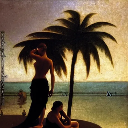 Image similar to Silhouette of two girl at the palace, thunderstorm, greek pool, beach and palm trees on the background major arcana sky, by paul delaroche, alphonse mucha and arnold böcklin arnold böcklin hyperrealistic 8k, very detailed