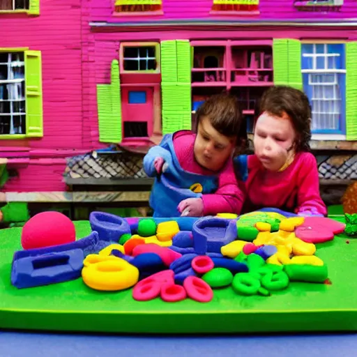 Image similar to A Play-Doh catastrophe, establishing shot, outdoors, carnage everywhere