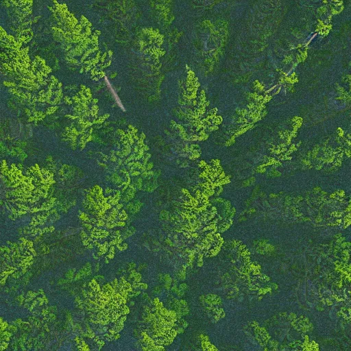 Prompt: a top down view of a digital painting of a thick pine tree forest