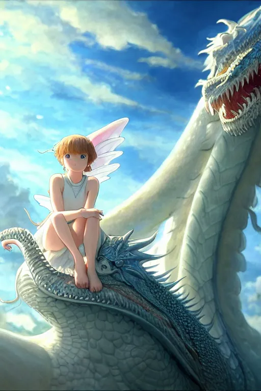 Prompt: the beautiful hyper detailed big scene render that a beautiful princess sitting on the back of a huge silver white dragon alone in fairyland surrounded by white clouds, finely detailed angelic face delicate features, style of studio ghibli, makoto shinkai, raphael lacoste, artgerm, karol bak, kazuki tanahashi, james jean, ross tran, ultra wide angle