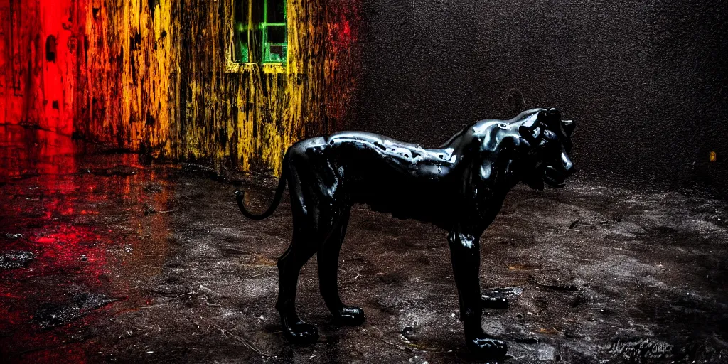 Prompt: the black lioness made of tar, dripping tar, dripping goo, sticky black goo, stalking prey in the ferrofluid covered sketchy alley at night, dripping goo, sticky black goo. photography, dslr, reflections, black goo, rim lighting, cinematic light, horror, contrast, volumetric, neon, tar pit, colorful, cyberpunk