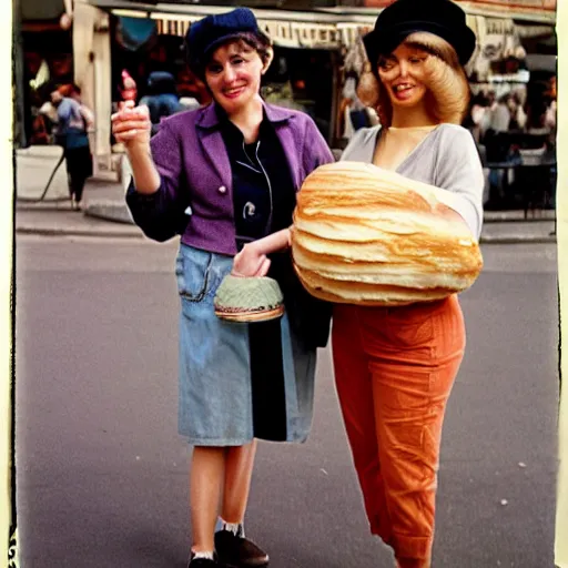 Image similar to professional archival photo of a woman and her friend, a puppet that looks like an enormous baguette, in a sidewalk cafe in paris, wearing berets, 16mm film soft color, earth tones and some color accents 1976, vacation photo, expired film, in style of doris wishman russ meyer, woman looks like sofia loren