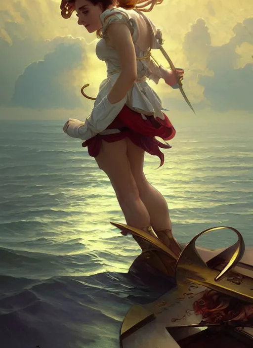 Image similar to sailor on its boat, fantasy, highly detailed, digital painting, artstation, concept art, wallpaper, smooth, sharp focus, illustration, art by artgerm and greg rutkowski and alphonse mucha