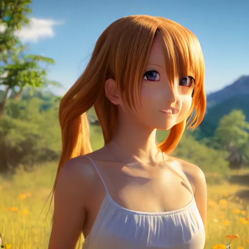 Image similar to Render of a very beautiful 3d anime girl, long hair, hazel eyes, cute freckles, full round face, short smile, cute sundress, golden hour, serene mountain setting, medium shot, mid-shot, highly detailed, trending on Artstation, Unreal Engine 4k