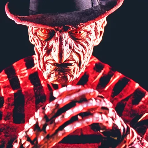 Image similar to close up of Freddy Krueger's face, holding his hand with blades in front of his face, dramatic low-key red lighting, black background, editorial photo from movie magazine,