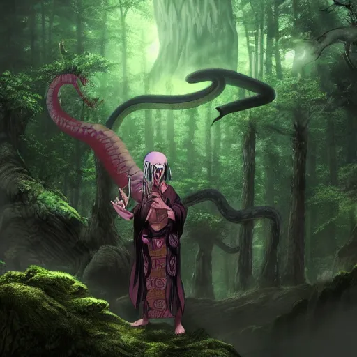 Image similar to kabuto the dragon sage meditates in a dark forest. surrounded by serpents of all sized, orochimaru madaraultra hyper detailed realistic matte painting artstation narutoverse stylized beautiful lighting moody gloomy