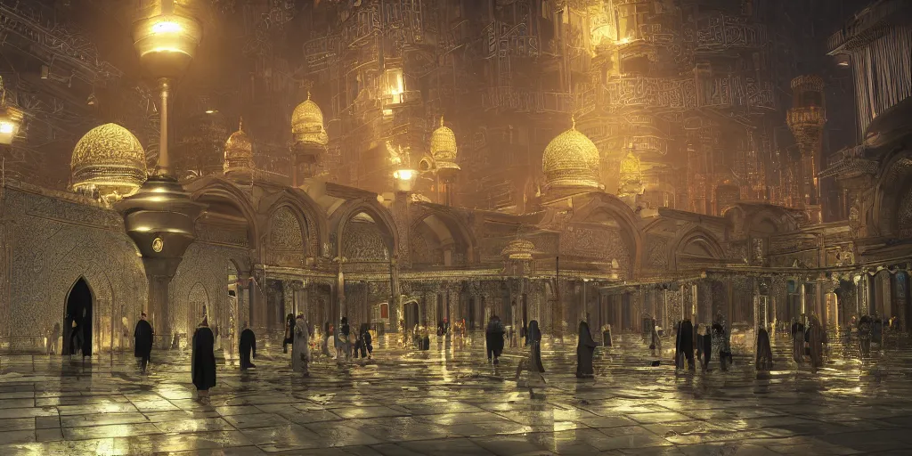 Image similar to Photorealistic cyberpunk mosque in crowded Tokyo night, with great domes and arches. Hyperdetailed photorealism, UHD, amazing depth, glowing rich colors, golden ration, 3D octane cycle unreal engine 5, 3d shading, cinematic lighting, artstation concept art