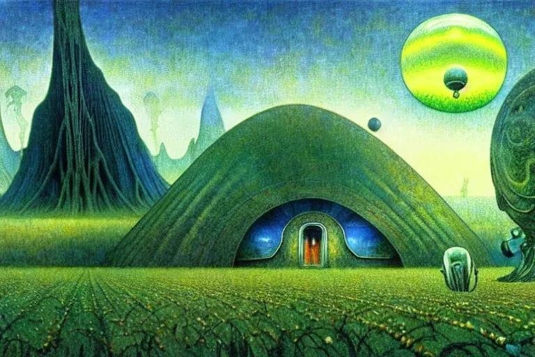 Image similar to realistic detailed landscape painting a single house in a plain field, single ufo in the sky, futuristic sci-fi forest on background by Jean Delville, Amano, Yves Tanguy, Alphonse Mucha, Ernst Haeckel, Edward Robert Hughes, Roger Dean, rich moody colours, blue eyes