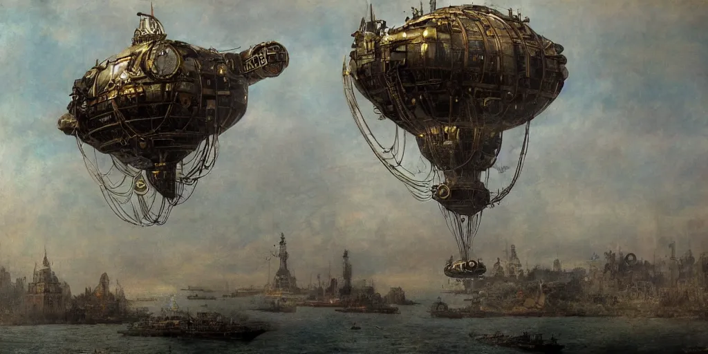 Prompt: a giant floating steampunk airship, by mikhail vrubel, trending on artstation