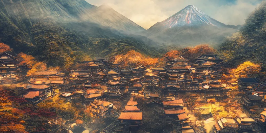 Prompt: a powerful japanese village high in mountains, volcano, concept art, fantastic landscape, 8 k, cinematic color grading