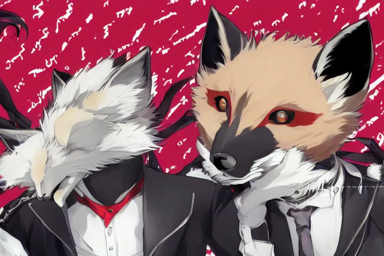 Image similar to a furry tan male fox on a persona 5 : royal ( by atlus ) video game splash screen, a furry male sandcolored tan fox fursona ( has hair ), persona 5 phantom thief style