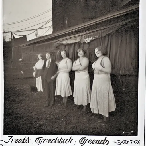 Image similar to 1930s photograph of freak show, sepia, grainy photo