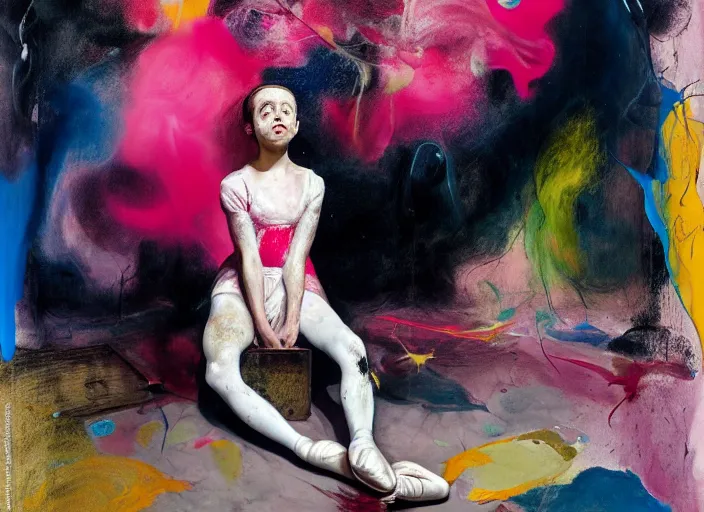 Prompt: portrait of nervous young girl ballerina sitting on the floor focusing in a dance hall by hernan bas and francis bacon and alberto seveso and pat steir and hilma af klint, psychological, symmetrical face, dripping paint, washy brush, matte painting, rendered in octane, altermodern, masterpiece