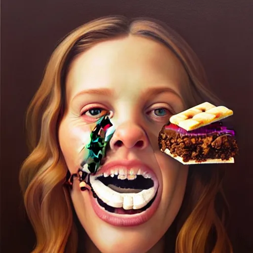 Image similar to drew barrymore face inside! a smore, chocolate, marshmallow graham cracker, digital painting by arcimboldo, rhads