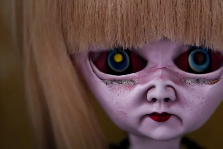 Image similar to a creepy doll with human eyes staring out at the viewer, horror movie 4 k