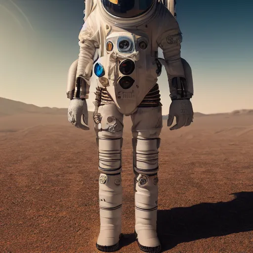 Image similar to portrait photography of a white steampunk space engineer suit, in an desert alien planet, ultra detail, beautiful light, high detail, 8 k, f / 2. 8, octane render