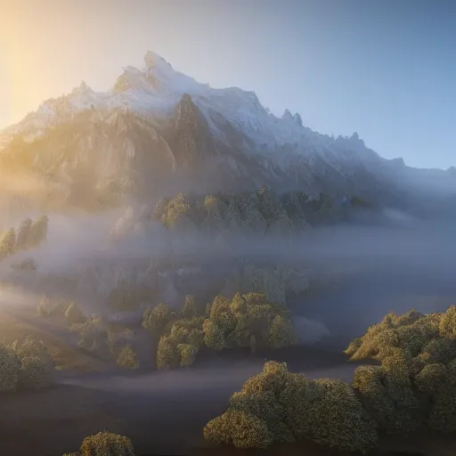 Prompt: still shot of a mountain covered in morning fog, highly detailed, photorealistic portrait, bright studio setting, studio lighting, crisp quality and light reflections, unreal engine 5 quality render