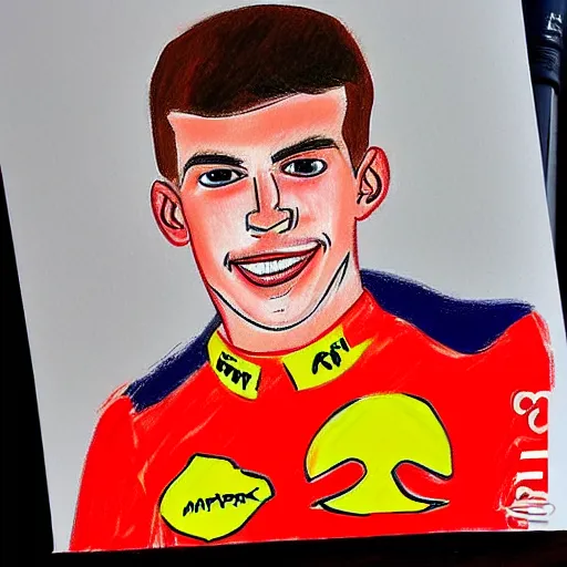 Image similar to a badly drawn picture of max verstappen, caricature, crayon art, bad, beginner art