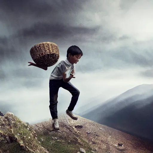 Image similar to a boy having basket on his back and he is climbing on the mountain, tall boy by Greg rutkkwski, Sung Choi, 8k Photo realistic, cinematic lighting, HD, high details, atmospheric, foggy , magical effect, clean and clear fave, full body, trending on artstation, devianart, golden ratio, rule of thirds