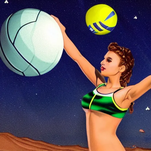 Image similar to can we get aliens playing volleyball in bikinis on one of jupiter's moons