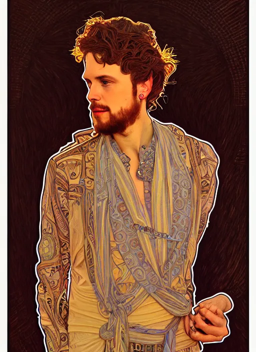 Prompt: oil portrait of singer - songwriter two feet aka bill dess, intricate, elegant, highly detailed, lighting, painting, artstation, smooth, illustration, art by greg rutowski and alphonse mucha