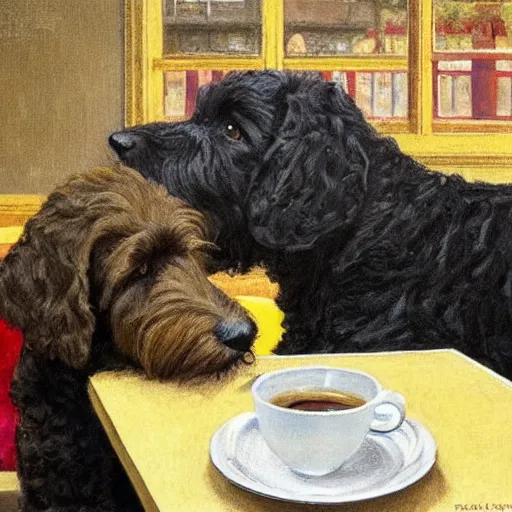 Image similar to Black Goldendoodle with a bright face and a puppy sitting at a diner drinking a cup of coffee, looking melancholy, Norman Rockwell style