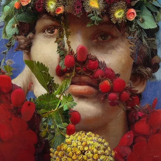 Image similar to a sculpture portrait made of kiwi and strawberries and flowers and plants, painting part by wojciech siudmak, part by ilya repin, part by max ernst, part by norman rockwell, artstation