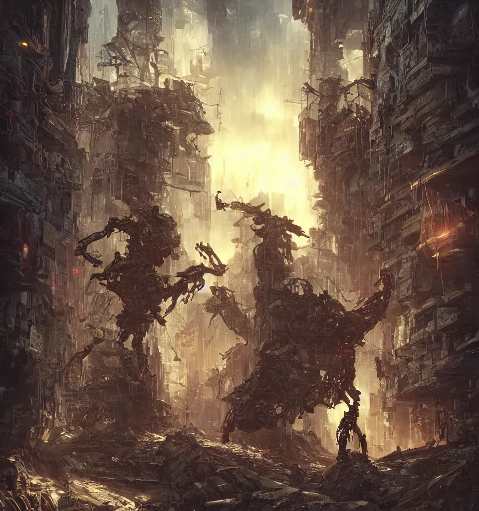 Image similar to cyberpunk gladiator, cinematic, highly detailed, octane render, cg, rich cinematic atmosphere, perfect digital art, mystical journey in strange world, Mystical, cyberpunk, tech war, sci-fi, surreal, glowing lights, sharp focus, high detailed, by Akihiko Yoshida, michael whelan and Karol Bak