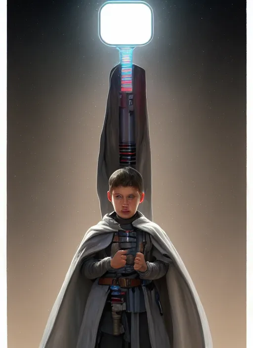 Image similar to perfectly - centered - portrait of a kid wearing grey cloak holding light saber, intricate, highly detailed, digital painting, artstation, concept art, smooth, sharp focus, illustration, unreal engine 5, 8 k, art by artgerm and greg rutkowski and alphonse mucha