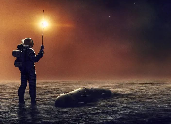 Image similar to astronaut holding a flag in an underwater desert. a submarine is visible in the distance. dark, concept art, cinematic, dramatic, atmospheric, 8 k, trending on artstation, blue, fish, low visibility, fog, ocean floor, christopher nolan, interstellar