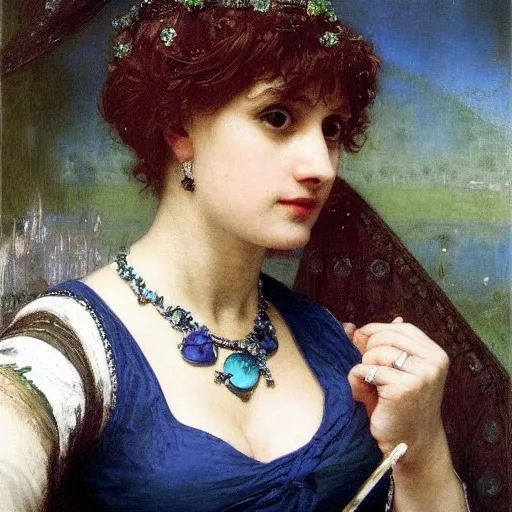 Image similar to a renaissance oil painting close shot face portrait by alma tadema of a demon vampire beautiful woman wearing sapphire jewellery, colourful pastel, detailed academic bouguereau, sharp focus, high contrast studio lighting