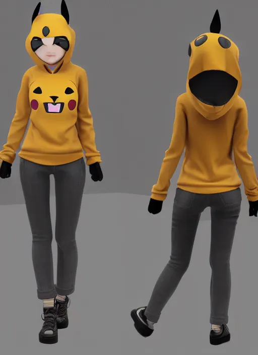 Image similar to vrchat, secondlife, imvu, 3 d model of a girl in a pikachu hoodie, hq render, detailed textures, artstationhd, booth. pm, highly detailed attributes and atmosphere, dim volumetric cinematic lighting, hd, unity unreal engine