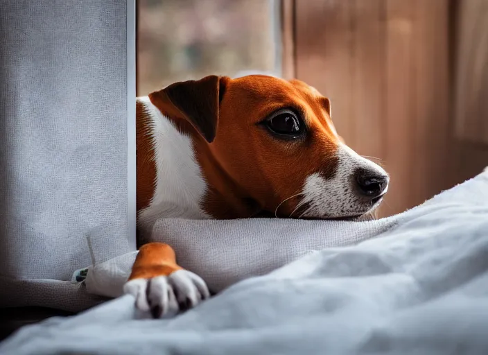 Image similar to photography of a Jack Russel . watching outside the window. on a bed. in a 70's room full of vinyls and posters, photorealistic, award winning photo, 100mm, sharp, high res