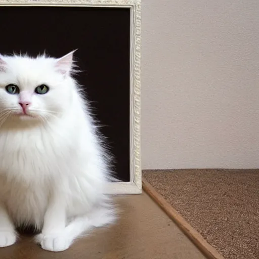 Prompt: cute white fluffy cat with large eyes as mona lisa