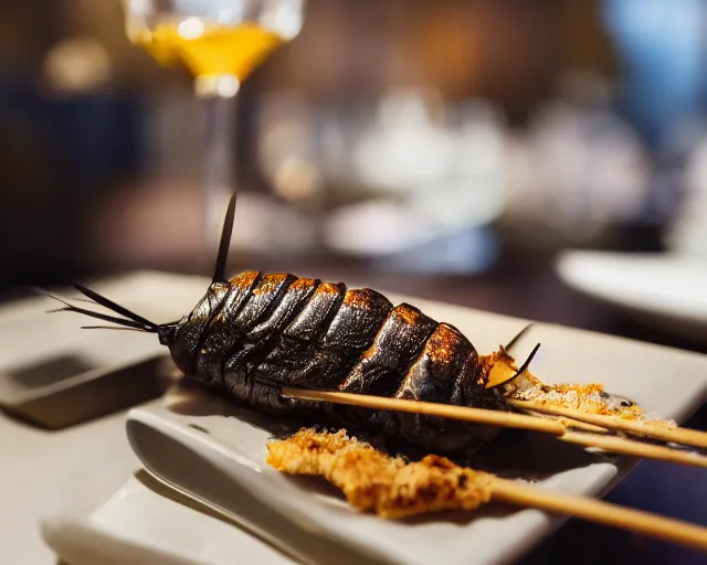 Prompt: 8 5 mm food photography of a large grilled cockroach skewer at a restaurant with dof and bokeh and wine glasses out of focus in the background. highly detailed 8 k. intricate. lifelike. soft diffused light. nikon d 8 5 0.