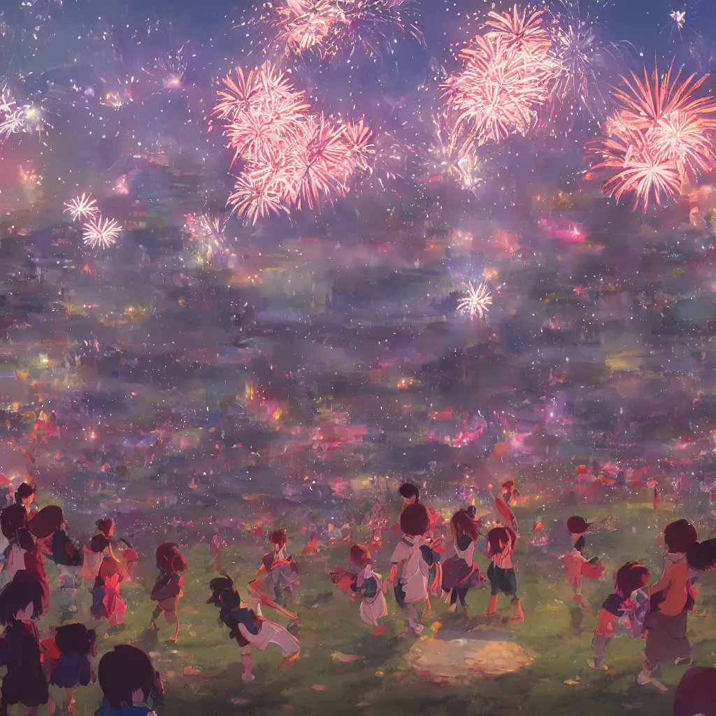 Prompt: A group of children playing at the Spring Festival rally, fireworks in the distance, very joyful, Chinese style, Spring Festival, fine, high picture quality, by Makoto Shinkai