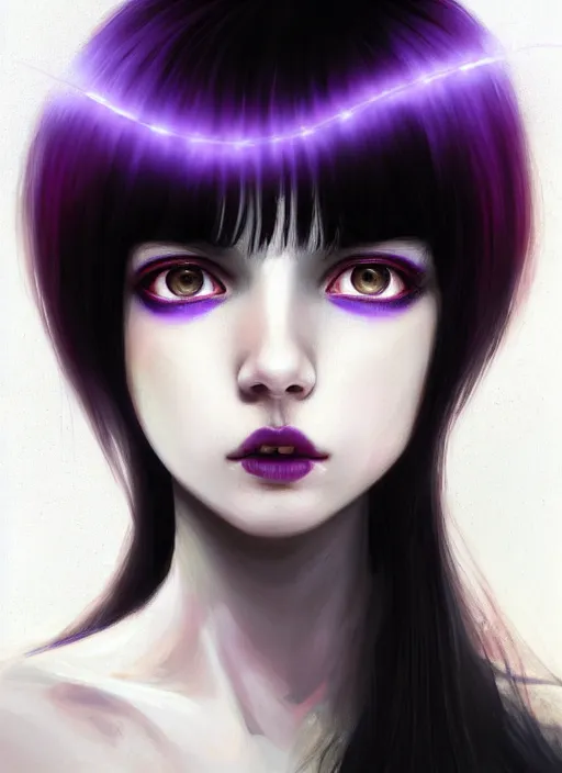 Image similar to hair whitebangs hair, black hair, blackbangswhitehair, portrait of teenage girl with white bangs, red irises, purple clothes, white bangs, bangs are different color from hair, intricate, elegant, glowing lights, highly detailed, digital painting, artstation, concept art, sharp focus, illustration, art by wlop, mars ravelo and greg rutkowski