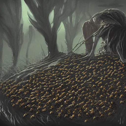 Image similar to painting of an ominous creepy corpse laying on the ground swarming with small bees, horror art, fantasy, digital art, mood lighting, dramatic, beautiful stunning artwork, dark environment, surreal, lifeless, trending on artstation, javascript enabled