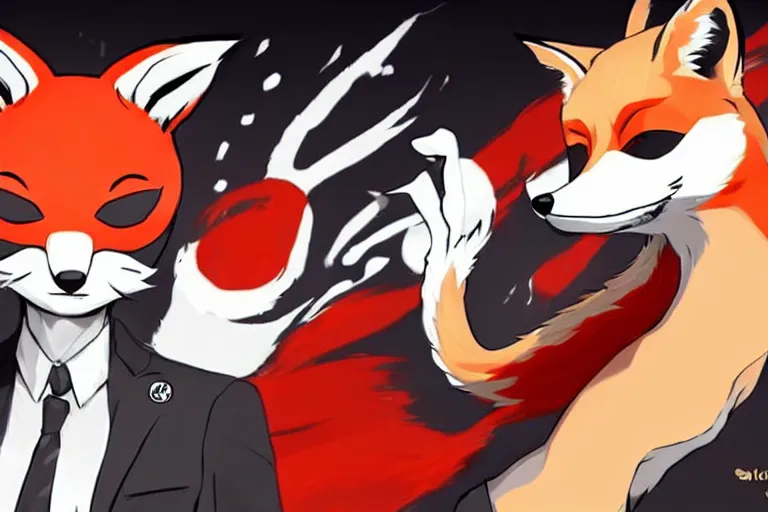 Image similar to a furry tan male fox on a persona 5 : royal ( by atlus ) video game splash screen, a furry male sandcolored tan fox fursona ( has hair ), persona 5 phantom thief style