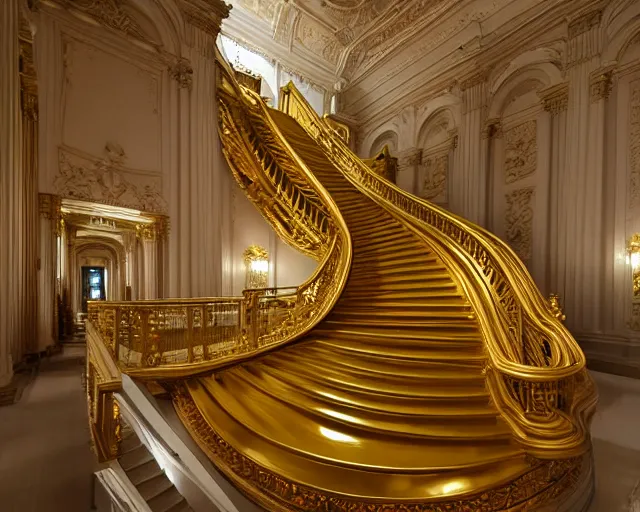 Prompt: city sized clay sculpture in a huge room. golden staircase that ascends towards the moon