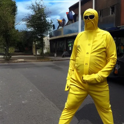 Image similar to man wearing bannana suit