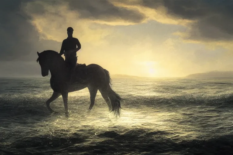 Image similar to photo of man riding a horse along the beach, glowing underwater waves toward a lighthouse in the distance guiding his way, silhouette, wide horizon, large white clouds, seagulls, night, intricate, elegant, highly detailed, digital painting, artstation, concept art, smooth, sharp focus, illustration, art by artgerm and greg rutkowski and fra angelico