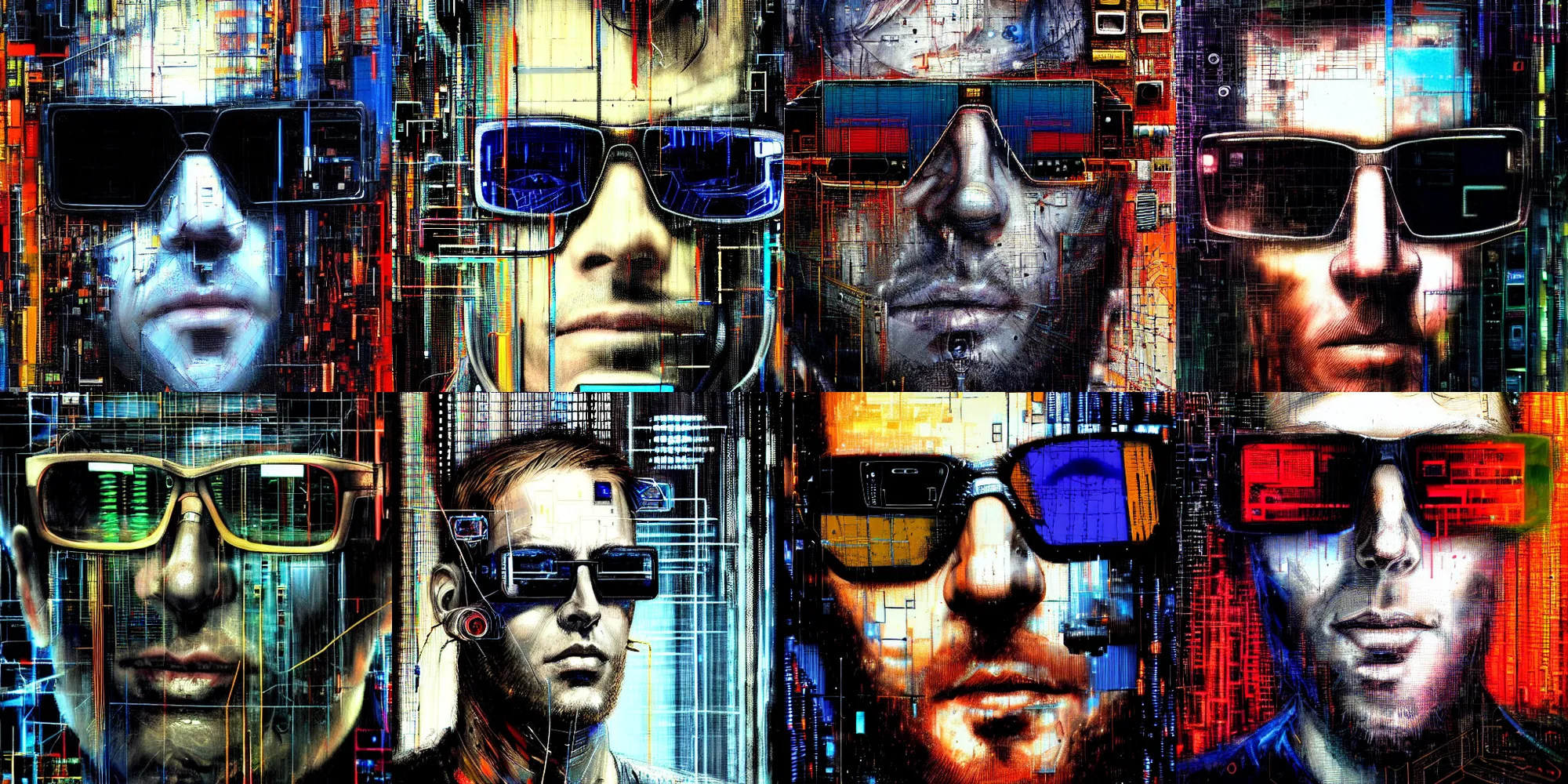 Prompt: hyperrealistic portrait of a cyberpunk man, by Guy Denning, Derek Gores, Johannes Itten, Russ Mills, surreal cyberspace, hacking effects, detailed lines, network, cybernetics, futurisitc sunglasses, long hair, cables, computation, technological, color blocking!, closeup, circuitry, digital, cyberpunk style, oil on canvas, insane detail, front view, symmetrical, octane, concept art, abstract!!, artistic, 8k, cinematic, trending on artstation