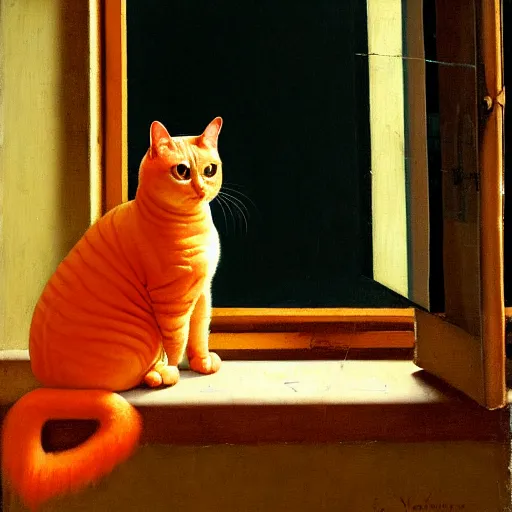 Image similar to a painting of an orange cat staring profoundly into the window, a detailed painting by johannes vermeer, behance, american scene painting, dutch golden age, detailed painting, academic art